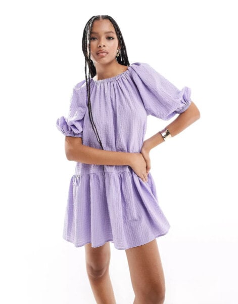 ASOS DESIGN puff sleeve smock mini dress in lilac gingham