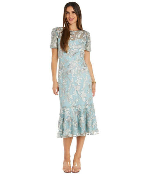 Women's Embroidered Tea-Length Flounce Dress