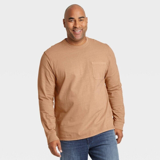 Men's Big & Tall Long Sleeve Garment Dyed Pocket T-Shirt - Goodfellow Tan 2XB