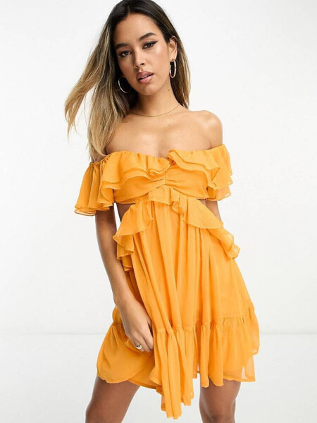 ASOS DESIGN ruffle cut out off the shoulder mini dress in orange