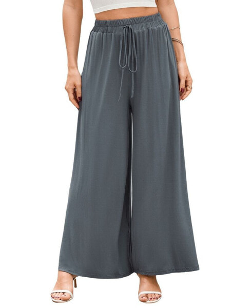 Women's Grey Tie Waist Wide Leg Jersey Pants