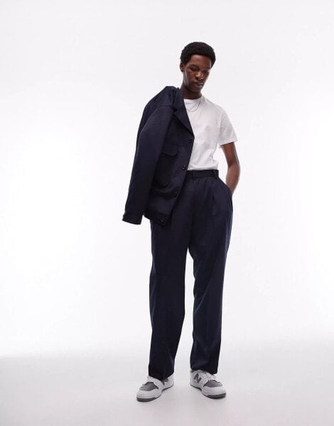 Topman wide leg wool mix suit trousers in navy