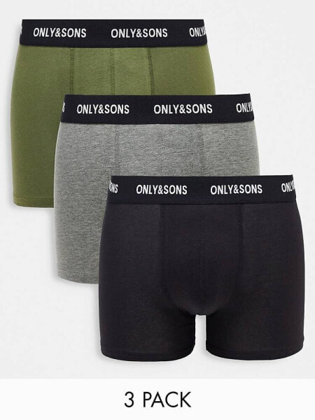 Only & Sons 3 pack trunks with contrast waistband in black, khaki and grey 