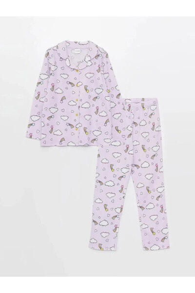 Lcw Dream Gömlek Yaka Desenli Uzun Kollu Kız Çocuk Pijama Takımı