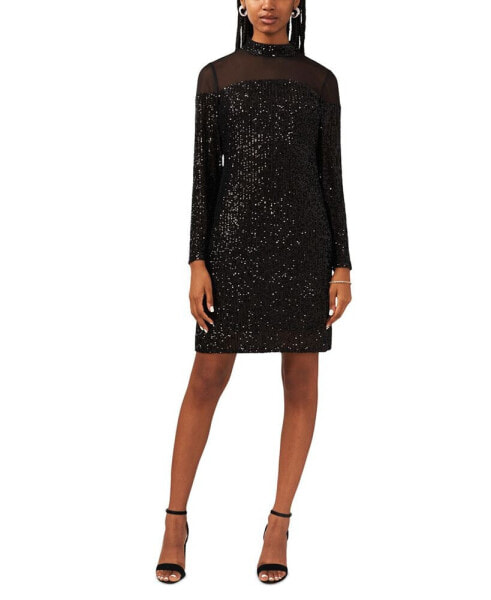 Women's Sequin Mesh-Panel Mock-Neck Mini Dress