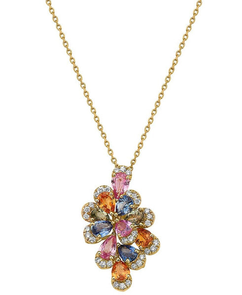 EFFY® Multi-Sapphire (2-1/6 ct. t.w.) & Diamond (1/6 ct. t.w.) Flower 16" Pendant Necklace in 14k Gold