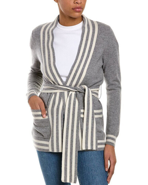 Kier + J Striped Belt Cashmere Cardigan Women's Grey L