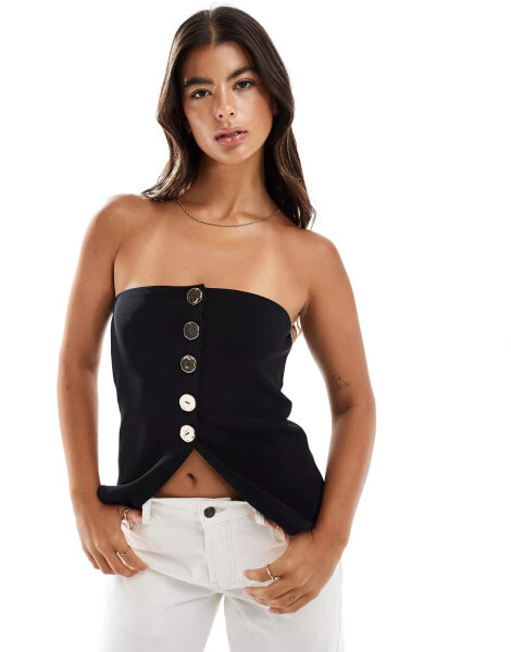 ASOS DESIGN gold button front rib bandeau top in black