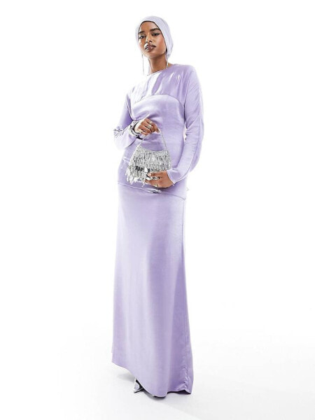 ASOS DESIGN satin seam detail maxi dress with long sleeves in lilac