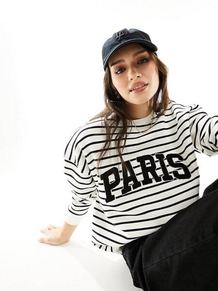 4th & Reckless Paris logo sweatshirt in black and white stripe