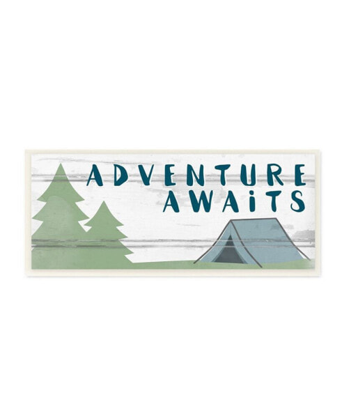 The Kids Room by Stupell Adventure Awaits Camping Scene with Trees Planked Look Sign Wall Plaque Art, 7" L x 17" H