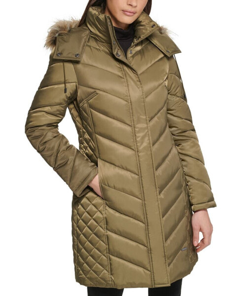 Petite Faux-Fur-Trim Hooded Puffer Coat