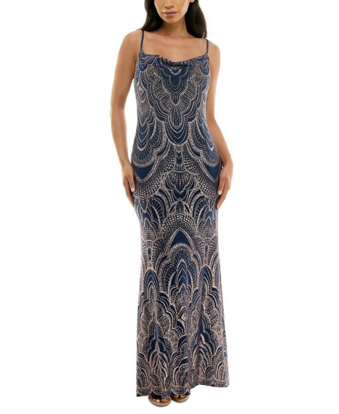Juniors' Glittered Cowl-Neck Gown