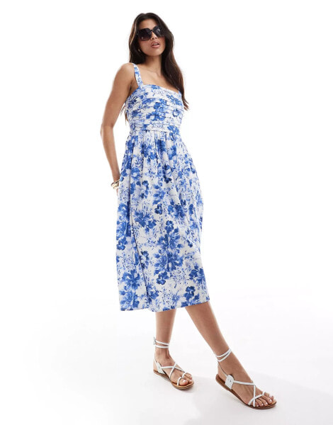 Abercrombie & Fitch linen blend Emerson midi dress in blue floral print