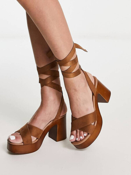 New Look suedette ankle tie platform heeled sandals in tan