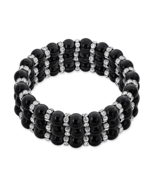 Set of 3 Black Ball Bead Stackable Strand Stretch Bracelet For Women White Crystal Rondelle Spacer Silver Plated Brass