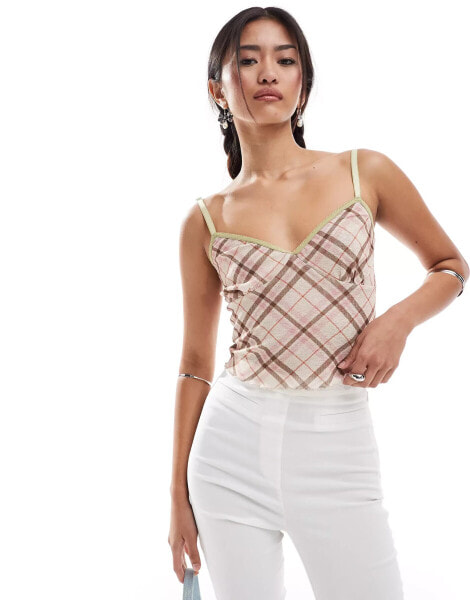 Reclaimed Vintage mesh cami top in check print