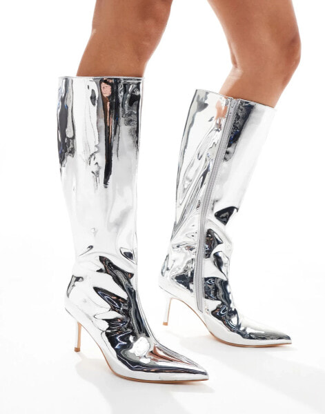 Public Desire Amped kitten heel straight leg pointed knee boots in silver mirror