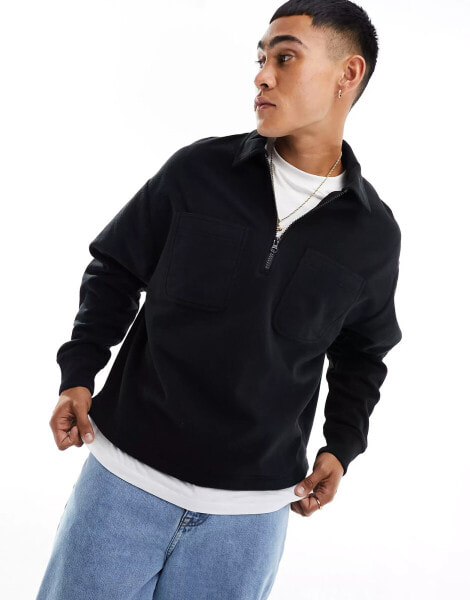 ASOS DESIGN oversized rugby polo in black fleece