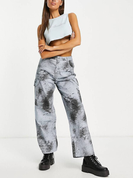 COLLUSION grunge print wide leg cargo trousers in grey