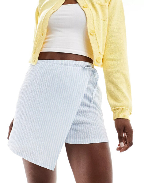 ASOS DESIGN wrap skort with tie detail in blue stripe