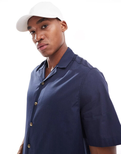 ASOS DESIGN boxy shirt with revere collar and short sleeves in navy