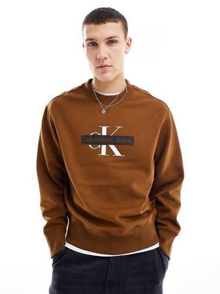 Calvin Klein Jeans monogram logo stencil crew neck sweatshirt in brown