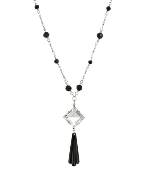 Women's Silver Tone Black Bead Crystal Stone Necklace