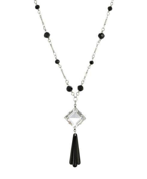 2028 women's Silver Tone Black Bead Crystal Stone Necklace