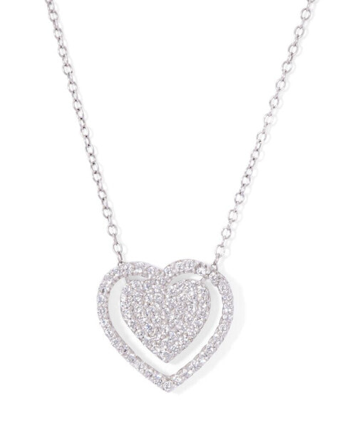 Cubic Zirconia Double Heart Necklace 18" in Silver Plate