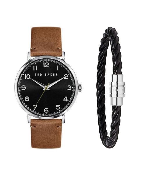 Men's Phylipa Brown Leather Strap Watch 43mm and Bracelet Gift Set, 2 Pieces