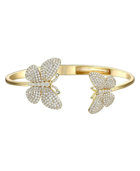 14k Gold Plated with Cubic Zirconia French Pave Butterfly Open Cuff Bangle Bracelet