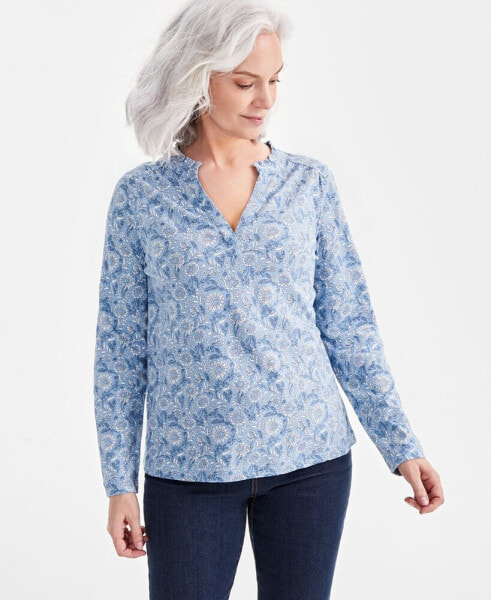 Women's Cotton Printed Ruffled Long Sleeve Top, Created for Macy's