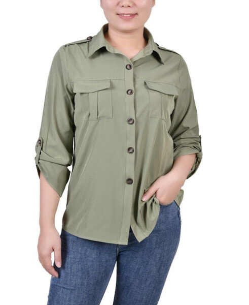 Petite 3/4 Sleeve Roll Tab Utility Blouse