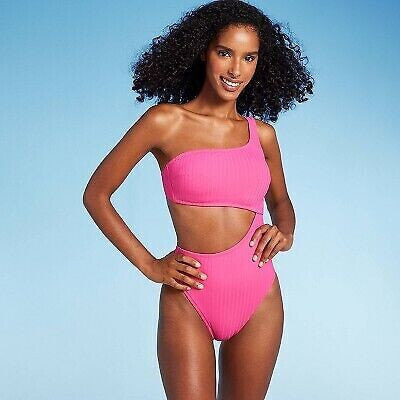 Women's Ribbed One Shoulder Cut Out One Piece Swimsuit - Shade & Shore Hot Pink