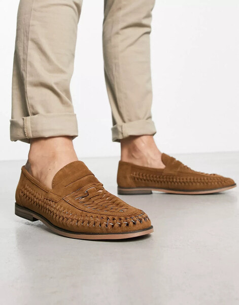 Thomas Crick woven saddle suede loafers in tan