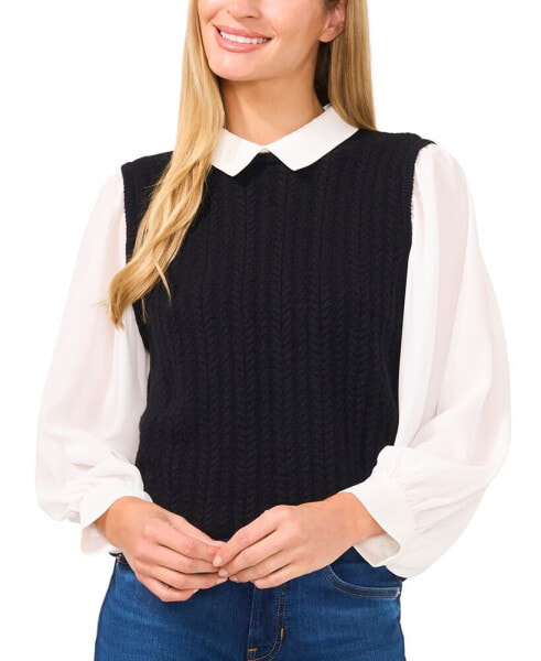 Women's Sweater-Vest Blouson-Sleeve Collared Blouse