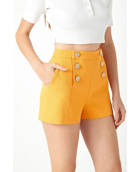 Women's Gold Color Button Detail Shorts