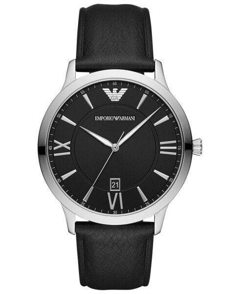 Men's Black Leather Strap Watch 44mm