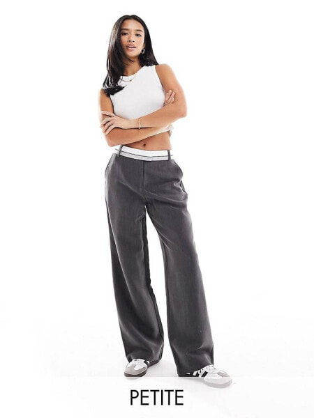 4th & Reckless Petite exclusive tailored contrast waist band straight leg trousers in dark grey