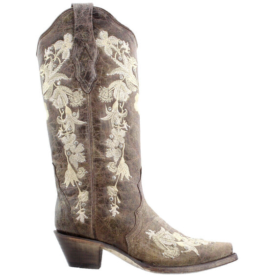 Corral Boots Floral Rhinestone Embroidery Snip Toe Cowboy Womens Brown Casual B