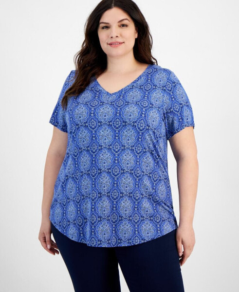 Plus Size Marrakesh Medallion Print V-neck Top, Created for Macy's