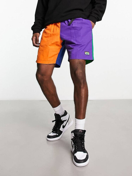 HUF new day packable tech shorts in multicoloured panels