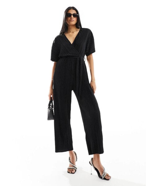 YAS plisse wrap front jumpsuit in black - BLACK