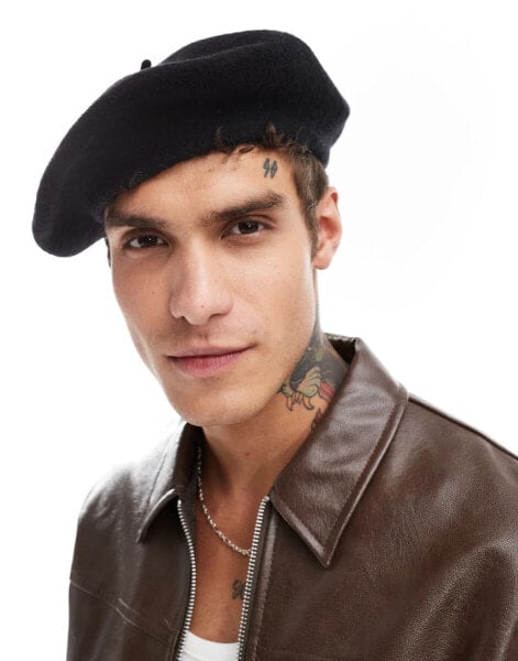 ASOS DESIGN wool beret in black