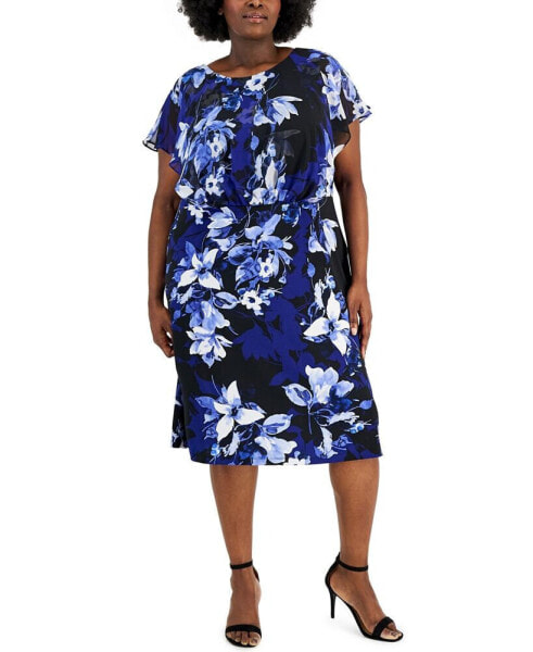 Plus Size Printed Blouson Midi Dress