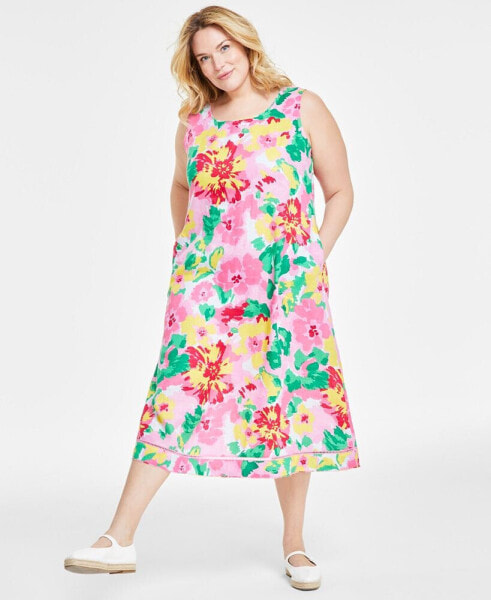 Plus Size 100% Linen Printed Midi Tank Dress, Created for Macy's