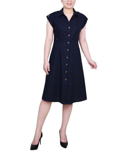 Petite Sleeveless Button Front Linen Dress