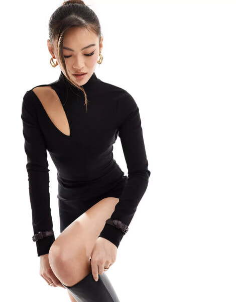 ASOS DESIGN asymmetric slash neck playsuit with mini belt detail in black