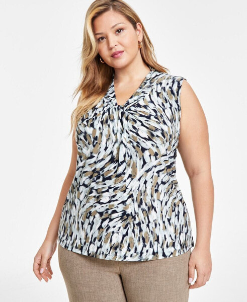 Plus Size Printed Knot-Front Top